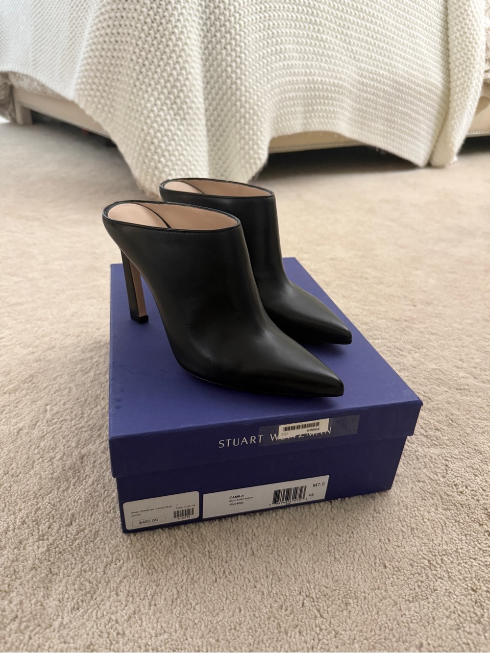 Stuart Weitzman Black Leather Pointed Mule Heels